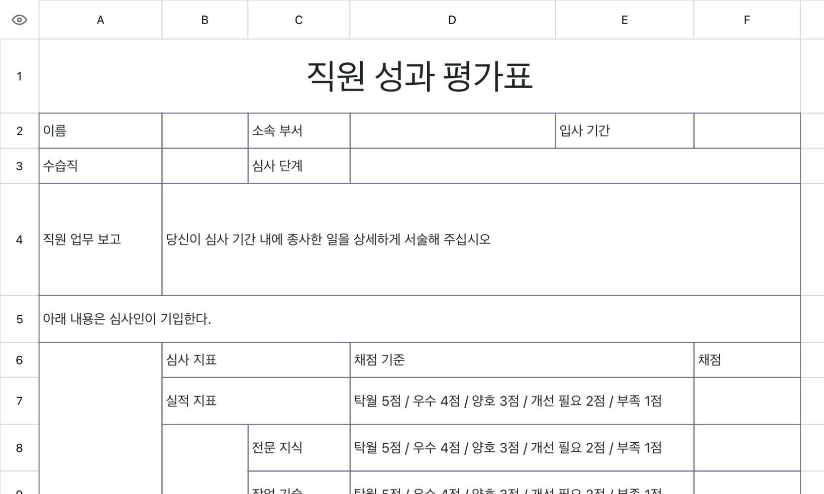직원 성과 평가표 1